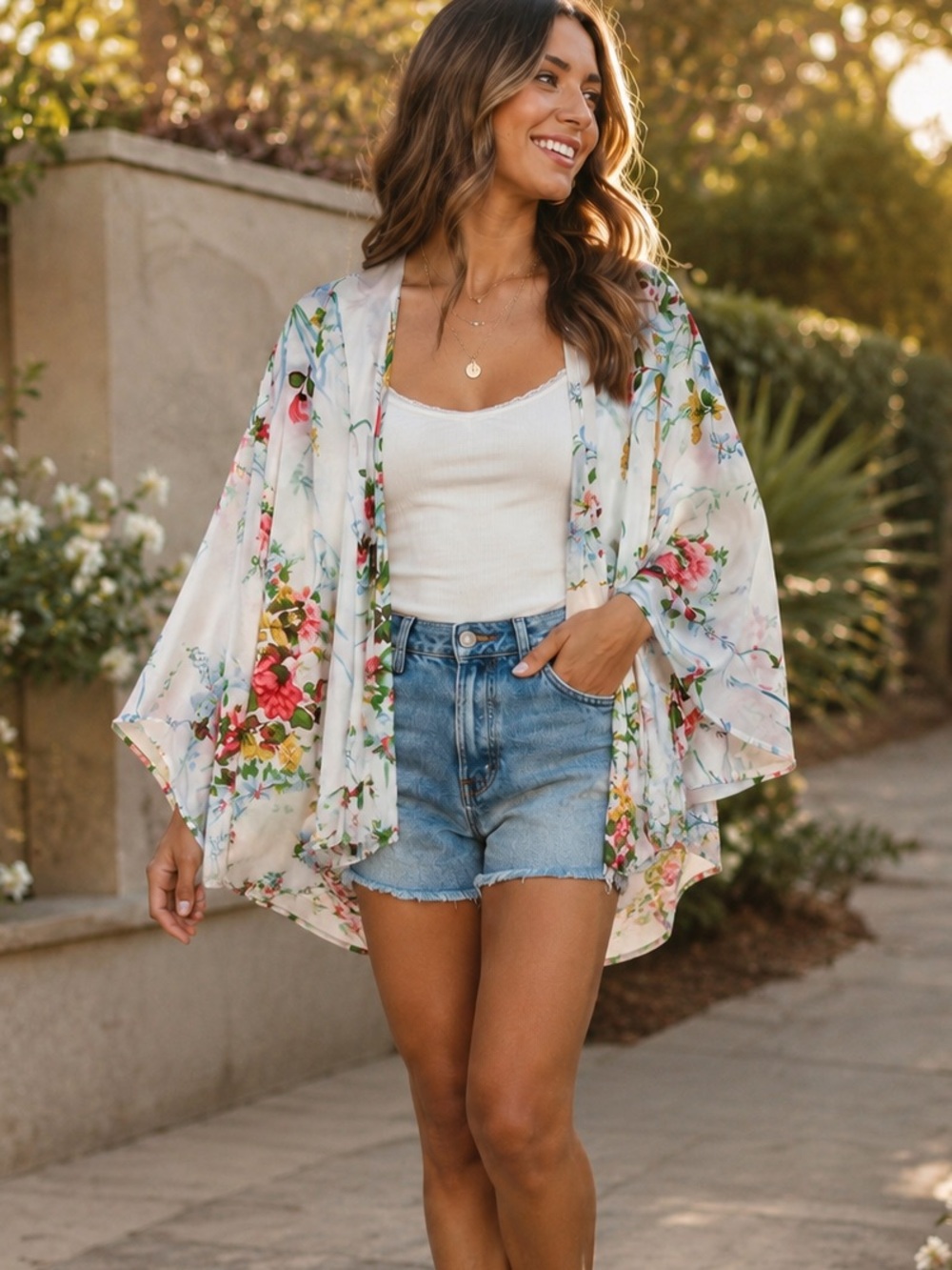 Umgee USA Botanical Garden Floral Kimono Open Front White S/M Boho Coverup